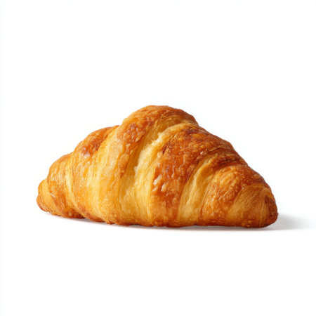 This golden croissant showcases a flaky, buttery exterior perfect for breakfast scenes, bakery themes, or culinary delights, inviting a sense of warmth and indulgence.の素材