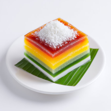 This vibrant layered dessert features colorful gelatin layers topped with fresh coconut, elegantly presented on a white plate with a green leaf.の素材