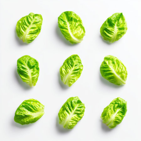 This image features an appealing arrangement of fresh green leafy vegetables set against a light background, perfect for promoting healthy eating, cooking inspiration, and culinary creativity.の素材
