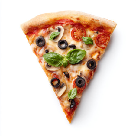A tempting slice of pizza topped with olives, tomatoes, mushrooms, and fresh basil, perfect for food lovers and culinary enthusiasts.の素材