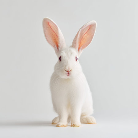 A charming white rabbit stands upright against a plain white background, showcasing its large ears and soft fur. This adorable pet exudes a sense of calm and innocence.の素材