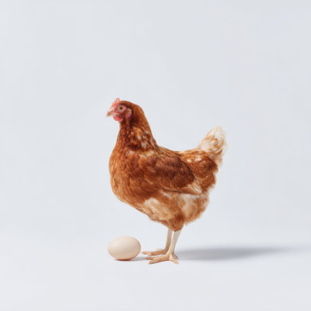 A charming image of a brown chicken standing beside a single cream-colored egg on a clean white backdrop, highlighting the essence of farm life and agriculture.の素材