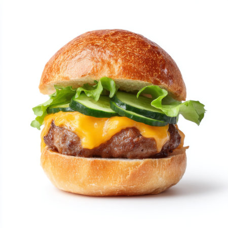 This image showcases a classic cheeseburger featuring a juicy beef patty, melted cheese, fresh lettuce, and crisp cucumber, all nestled in a soft bun. Perfect for food lovers!の素材