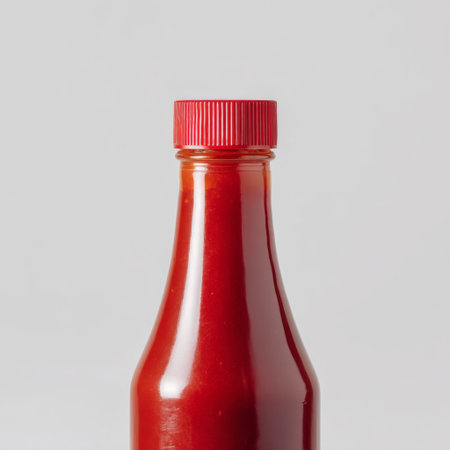 A sleek transparent ketchup bottle with a vibrant red cap isolated against a clean white background, ideal for showcasing culinary themes and recipes.の素材