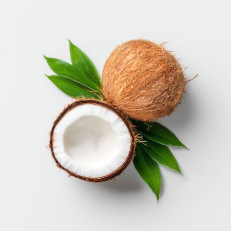A fresh coconut half sits atop green leaves, showcasing its creamy interior. This tropical fruit represents healthy living and delicious culinary applications.の素材