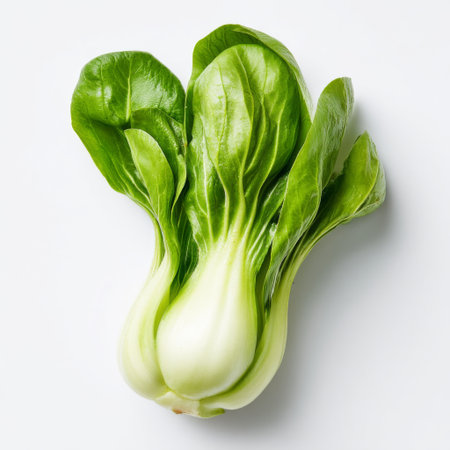 This image features a fresh organic bok choy arranged on a clean white background, perfect for showcasing healthy eating, cooking, and nutrition.の素材