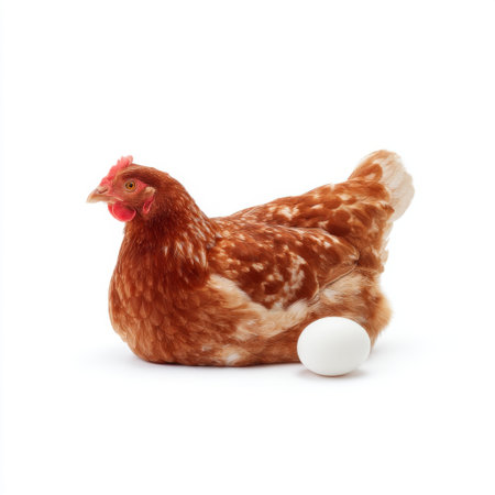 This image features a brown hen peacefully resting beside a freshly laid white egg, captured in a soft studio setting with gentle lighting.の素材