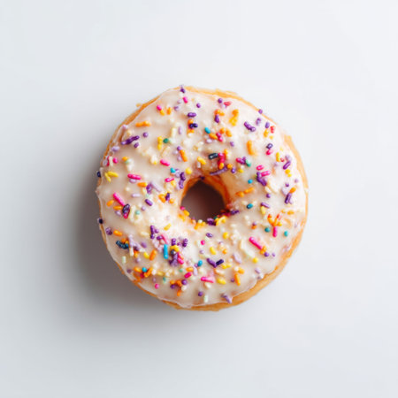 A delightful glazed donut topped with colorful sprinkles, set against a clean white background, perfect for capturing the essence of sweet indulgence.の素材