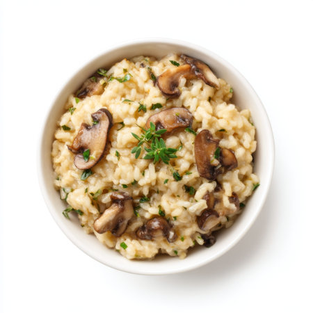A detailed view of creamy mushroom risotto garnished with fresh thyme, served in a white bowl, ideal for culinary presentations and food photography.の素材