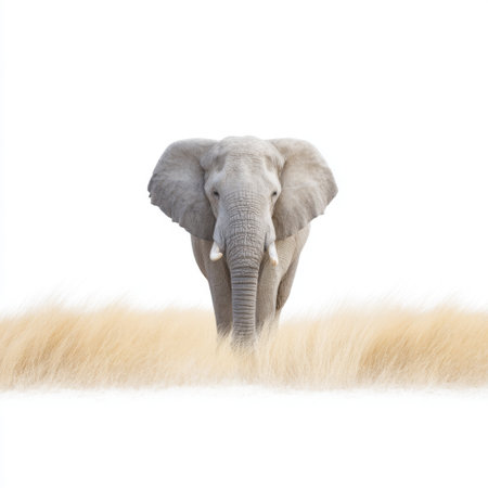 A captivating image of a solitary elephant standing gracefully against a backdrop of soft grasslands, embodying the serenity and beauty of the natural world.の素材