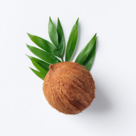 This image features a coconut shell accompanied by vibrant green leaves, perfect for representing healthy lifestyles, tropical themes, and culinary delights.の素材