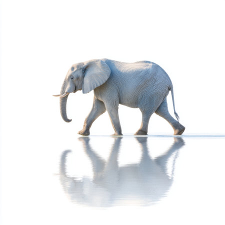 An elegant elephant strolls gracefully across a calm water surface, creating stunning reflections. The serene scene captures the beauty of wildlife in nature.の素材