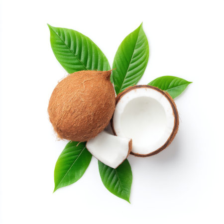 Discover a beautiful arrangement of a fresh coconut, green leaves, and its open shell, perfect for health and culinary visuals. Ideal for promoting natural ingredients.の素材