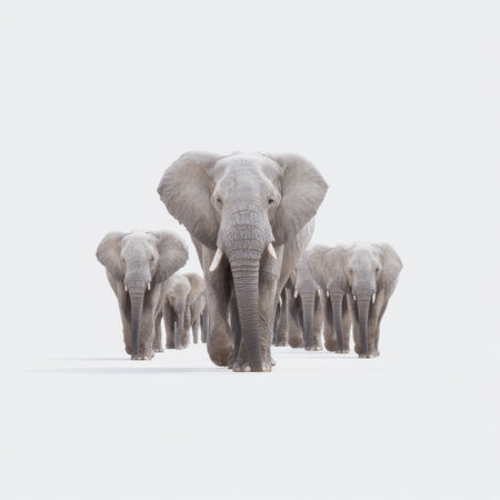 A stunning image featuring a herd of elephants walking in unison against a soft white backdrop, showcasing their strength and beauty in natural harmony.の素材