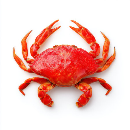 This stunning image features a vibrant red crab with its claws prominently displayed against a clean white background, perfect for culinary and seafood-themed projects.の素材