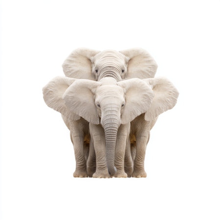 A stunning photograph showcasing three elephants standing closely together, highlighting their unique formation. The image captures the beauty and strength of these magnificent creatures against a clean white background, symbolizing unity and family in nature.の素材