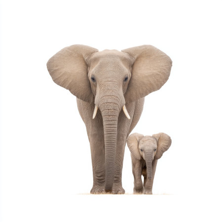 A stunning portrait of a majestic elephant alongside its playful calf, showcasing their bond and grace in a serene, minimalist setting.の素材