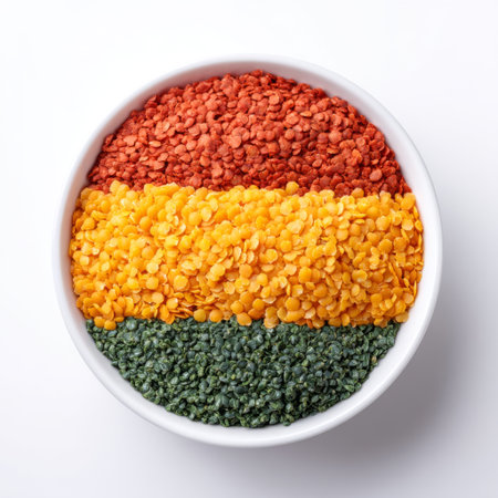A vibrant bowl filled with layers of red, yellow, and green lentils creates an eye-catching display, showcasing healthy grains suitable for nutritious meals.の素材