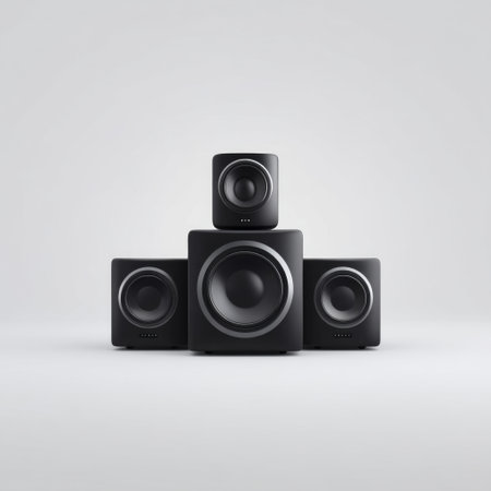A sleek and modern speaker system featuring a powerful subwoofer and stylish satellite speakers, perfect for enhancing home audio and entertainment spaces.の素材