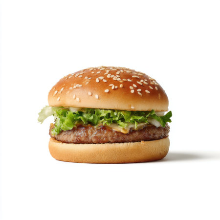 A vibrant hamburger with a sesame seed bun, crisp lettuce, and a juicy beef patty. Perfect for a quick meal or indulgent snack experience.の素材