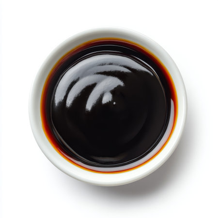 A thick, glossy black sauce is beautifully presented in a white bowl, offering an elegant touch for food photography, culinary projects, or recipe illustrations.の素材