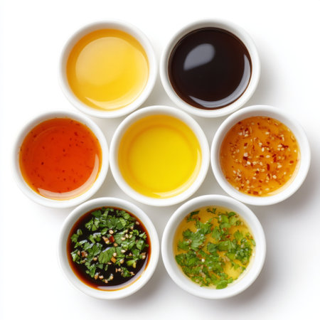 A visually appealing arrangement of assorted flavored oils and sauces in small white bowls, showcasing vibrant colors and textures ideal for culinary artistry.の素材