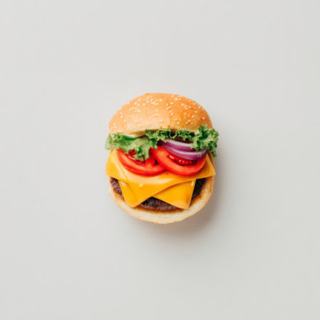 A beautifully arranged gourmet hamburger featuring layers of fresh vegetables and melted cheese, perfect for showcasing culinary creativity.の素材