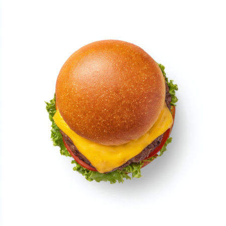A delicious cheeseburger featuring a juicy beef patty, melted cheese, fresh lettuce, and ripe tomato, all nestled in a golden bun, perfect for any meal.の素材