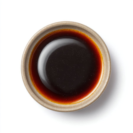A round ceramic bowl filled with dark soy sauce, featuring a rich hue and glossy texture, perfect for enhancing flavors in Asian dishes and culinary presentations.の素材