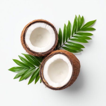 Two fresh coconut halves showcase creamy white flesh, surrounded by vibrant green leaves on a clean white background, emphasizing a healthy tropical lifestyle.の素材