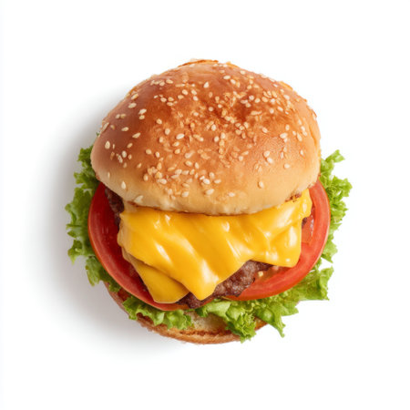 This image features a tasty cheeseburger showcasing a melted cheese slice, fresh lettuce, and ripe tomato, all nestled in a sesame seed bun.の素材