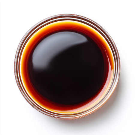 A rich dark liquid sits in a clear bowl against a pristine white background, showcasing its smooth texture ideal for culinary arts and food photography.の素材
