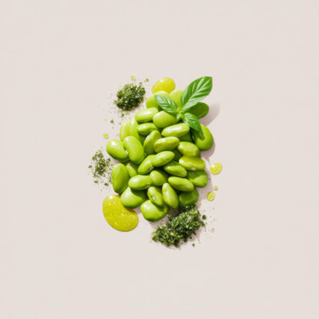 This image showcases fresh green edamame pods accompanied by basil leaves and tasty seasonings, perfect for healthy recipes or snack ideas.の素材