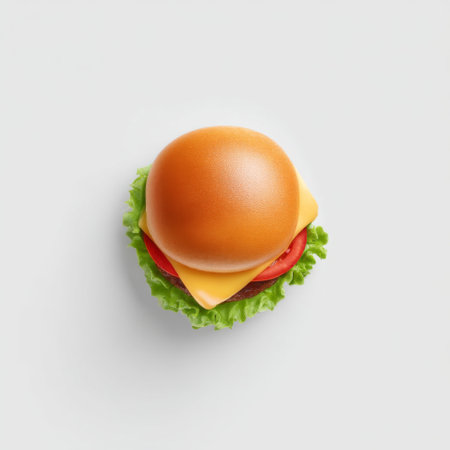 A visually appealing cheeseburger featuring a soft bun, fresh lettuce, juicy tomato, and melted cheese presented on a neutral background, perfect for food lovers.の素材