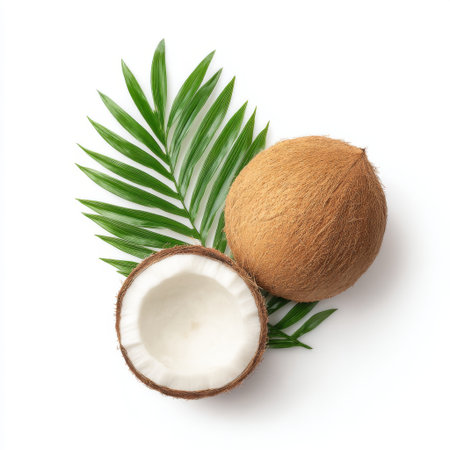 A fresh coconut half with the outer shell and inner white flesh, accompanied by green palm leaves, showcases a tropical theme and healthy culinary potential.の素材