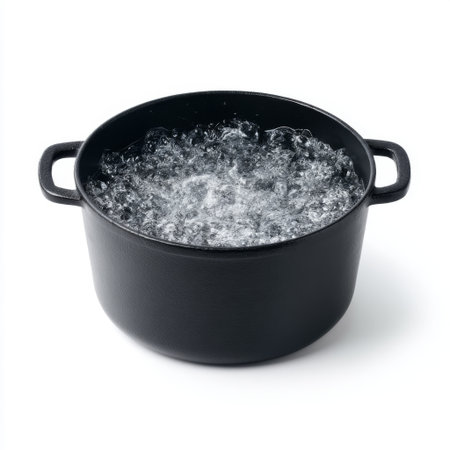 A sleek black cooking pot filled with bubbling water, perfect for various culinary applications. Ideal for home chefs and cooking enthusiasts.の素材