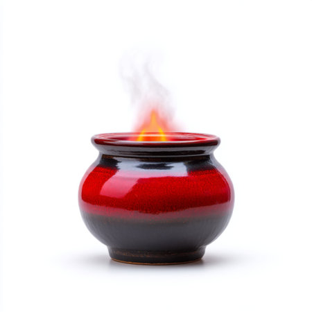 A striking red and black pot with a flickering flame and wisps of smoke emanating from it. Perfect for creating a warm, inviting atmosphere in any space.の素材