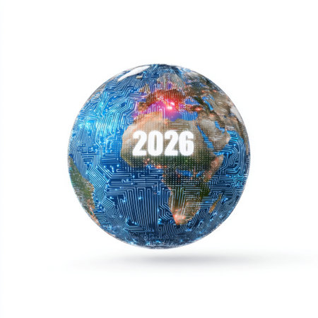 This artistic representation features a digital globe signifying the year 2026, showcasing intricate circuit patterns and a global map, symbolizing technological advancement.の素材