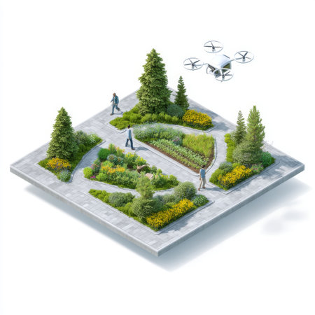 A conceptual illustration of a modern urban garden featuring lush greenery, vibrant flowers, and drone technology, showcasing people interacting with nature in an innovative landscaped environment.の素材