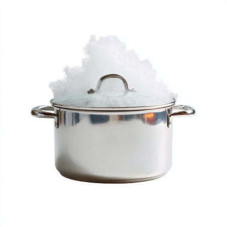 A pristine stainless steel cooking pot with a lid sits atop a stove, releasing steamy smoke, showcasing the essence of culinary art in a kitchen setting.の素材