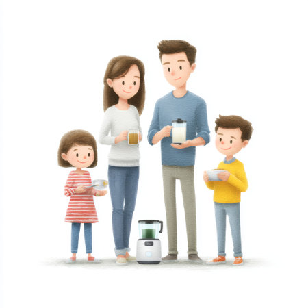 A lively animated scene depicting a happy family enjoying their breakfast together. The cheerful atmosphere promotes bonding, joy, and healthy living.の素材