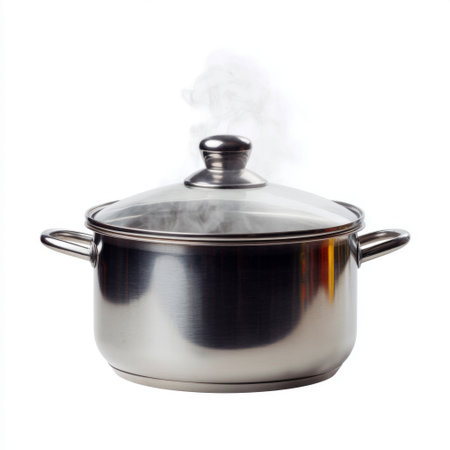A sleek stainless steel cooking pot with a transparent lid, showcasing steam rising, perfect for home cooking and culinary preparation.の素材