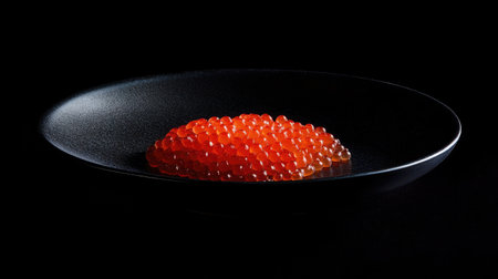 A stunning presentation of luxurious salmon roe on a sleek black plate. The vibrant orange beads create an eye-catching contrast, perfect for gourmet dishes.の素材