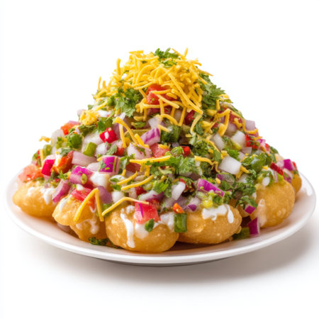 A vibrant plate features crispy latkes piled high with fresh vegetables, cheese, and a drizzle of creamy sauce, perfect for any gathering or celebration.の素材