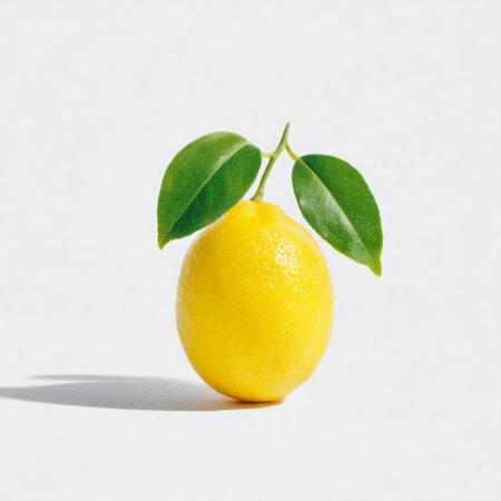A vibrant yellow lemon with lush green leaves, beautifully isolated on a white background. Perfect for food, health, and lifestyle themes.の素材