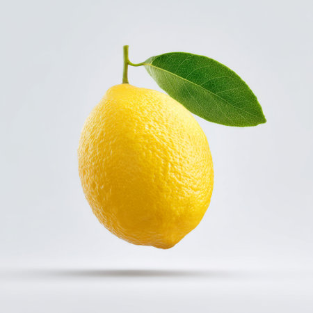 This image features a fresh yellow lemon with a green leaf, set against a light background. Ideal for food and beverage concepts, it highlights freshness and healthy living.の素材