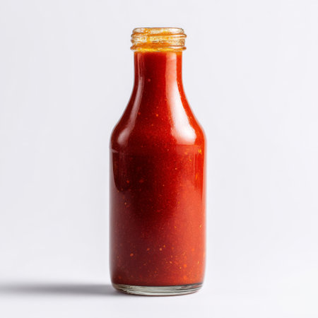 A vibrant glass bottle filled with rich red tomato sauce, ideal for food photography, culinary showcases, and recipe illustrations, emphasizing fresh ingredients.の素材