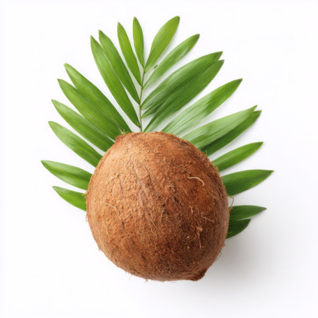 A textured brown coconut surrounded by vibrant green palm leaves, perfect for themes of tropical cuisine, nature, and healthy living. Ideal for summer designs.の素材
