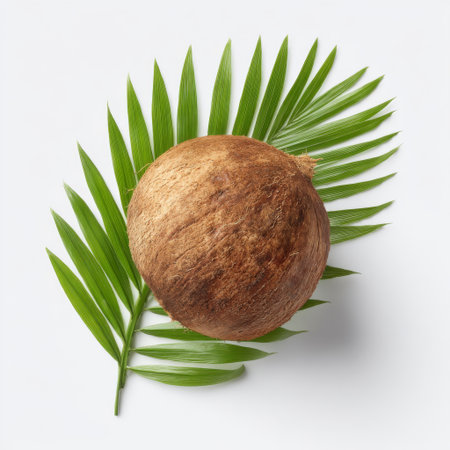 A whole coconut resting on a lush palm leaf, showcasing a fusion of tropical elements against a clean white background. Perfect for food photography.の素材