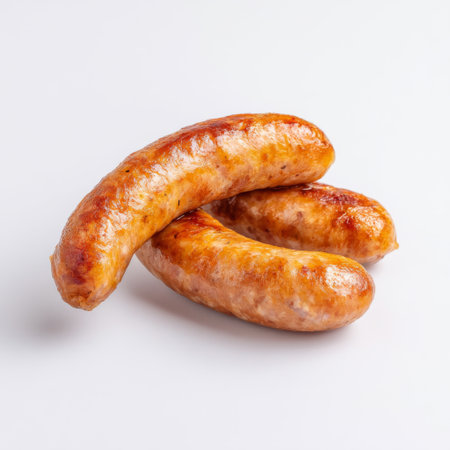 Two freshly cooked sausages on a clean light background, ideal for culinary projects, food photography, and recipe presentations, showcasing appetizing appeal.の素材